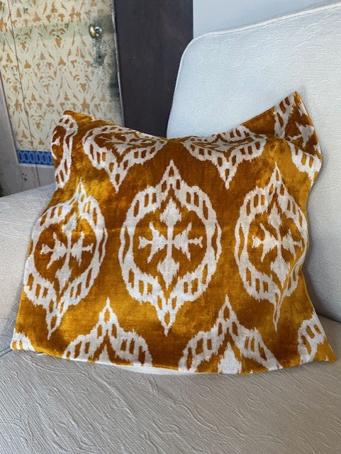 Silk velvet cushion. Intense yellow ocher-cream shade