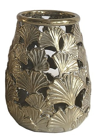 Vaso in ceramica 'Foglie Ginko Biloba', smaltatura oro