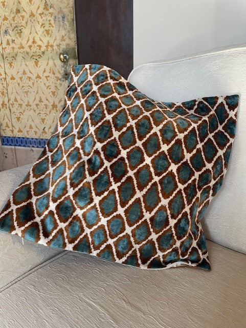 Silk velvet cushion. Cobalt blue-cream-brown shades