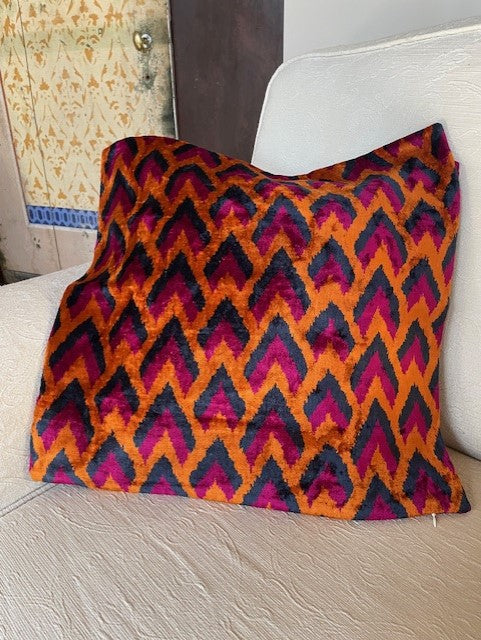 Silk velvet cushion. Orange-blue-fuchsia shades