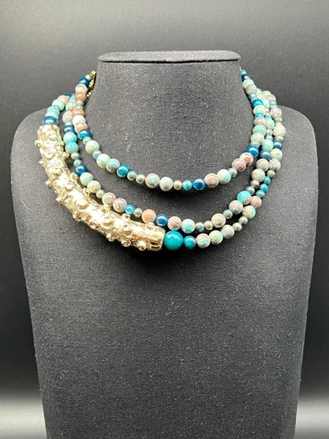 Blue agate, pyrite and smoky quartz octopus necklace