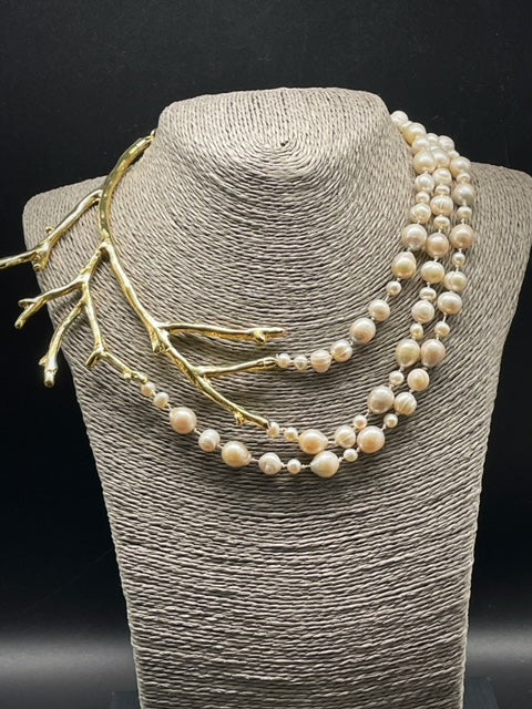 Branch necklace with 3  strands cultured white pearls