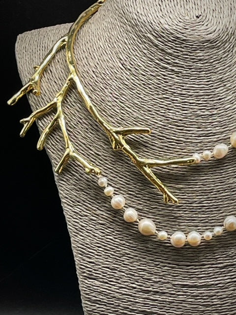 Branch necklace with 2 strands cultured white pearls
