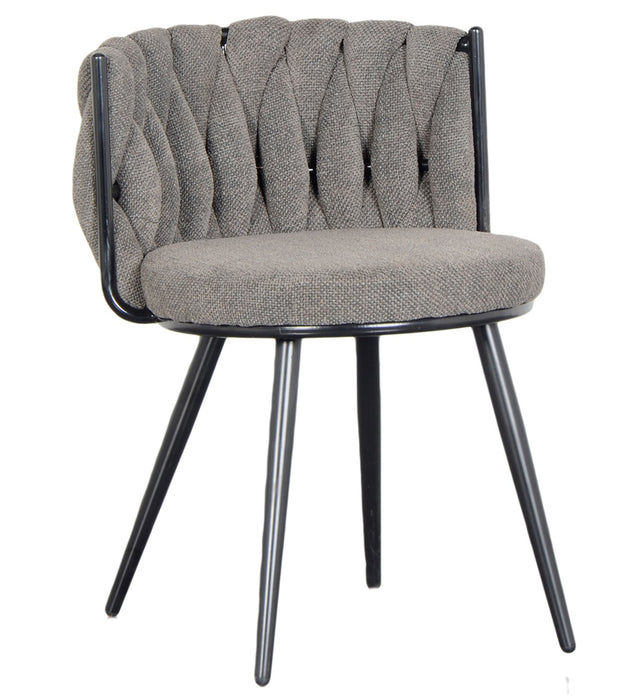 Armchair Chair. Black metal frame, powder coated, taupe structured fabric covering