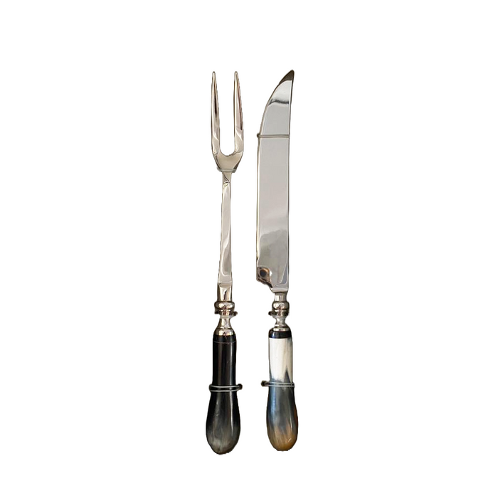 Roasting cutlery in silver-plated metal, polished horn handle.
