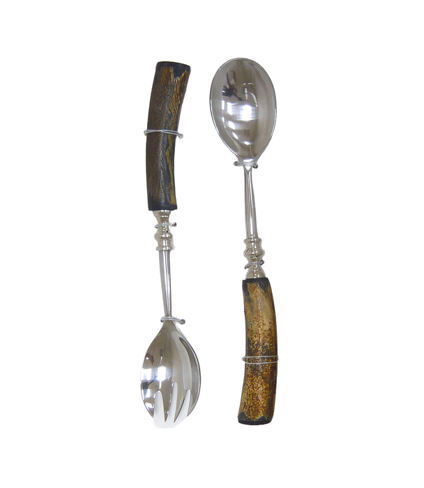 Salad cutlery, in silver metal, unpolished natural horn handle.