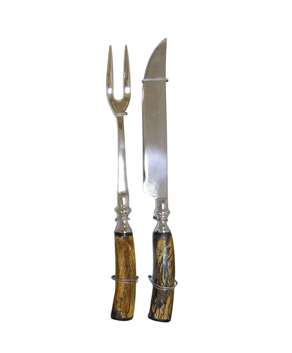 Roasting cutlery in silver metal, natural horn handle, unpolished.