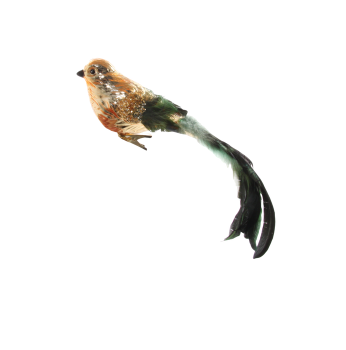 Glass bird decoration decorated with real feathers