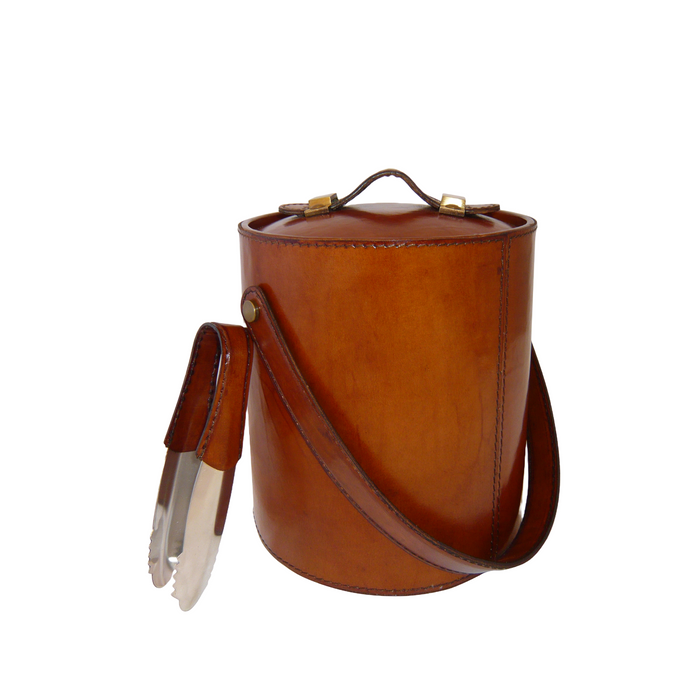 Ice bucket in leather and brass, with tongs