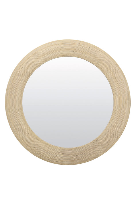 Specchio rotondo, cornice bombata in rattan di bamboo naturale.