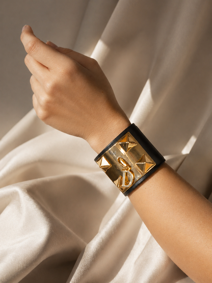 'The Rock' Black Leather Bracelet with Pyramids