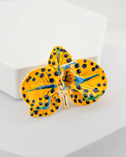 Spilla Orchidea Giallo Kako e Blue China, dimensione cm 4 cm