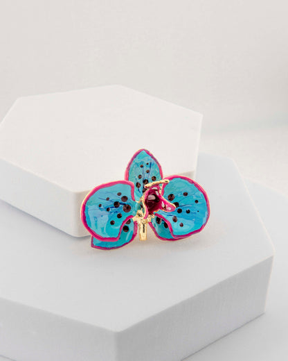 Spilla Orchidea Turchese e Geranio, dimensione cm 4 cm