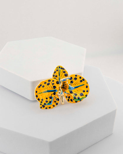Spilla Orchidea Giallo Kako e Blue China, dimensione cm 4 cm