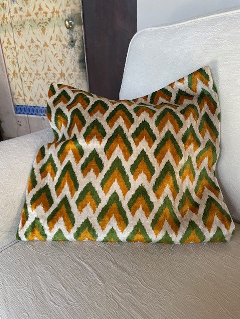 Silk velvet cushion. Intense yellow ocher-cream-green shade