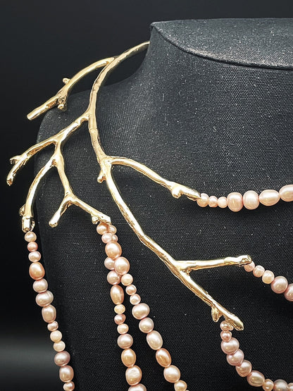 Branch necklace with natural cultured pearls, pinkish white