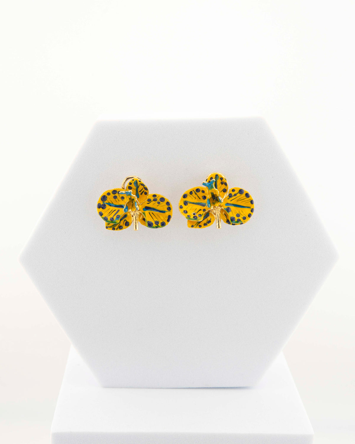 Pendientes Orquídea Amarillo Caqui y Azul China, tamaño 3 cm