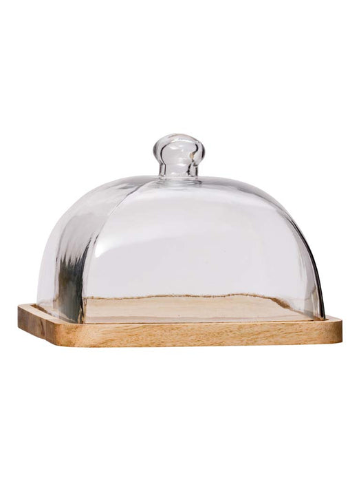 Wooden tray with glass cloque. Cheese