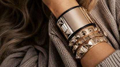 'The Rock' Black Leather Bracelet with Pyramids