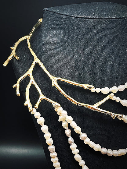 Branch necklace with 6 strands of white cultured pearls