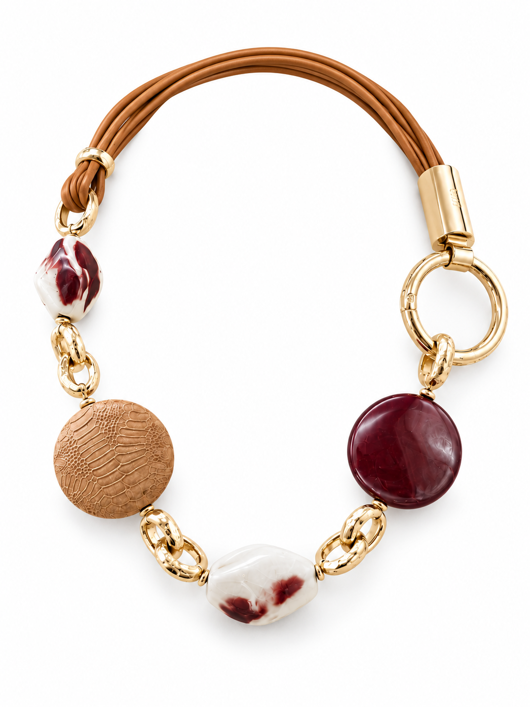 Amarcord necklace with choker in tan nappa leather with red Agatha, with crocodile and ceramic element