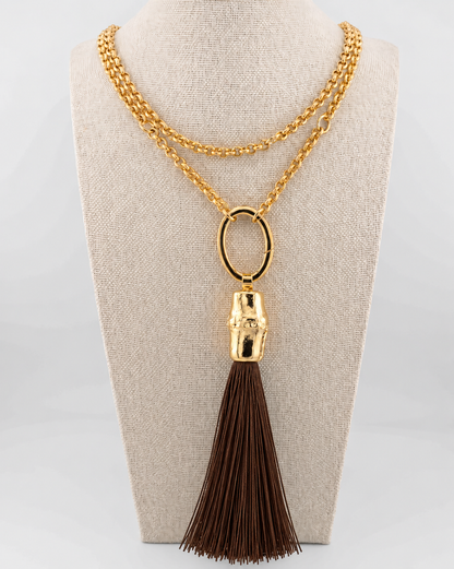 Necklace with bamboo element and silk tassel in various colors