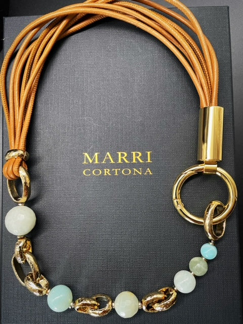 Amarcord necklace with choker in nappa leather with Chrysoprase and Jade