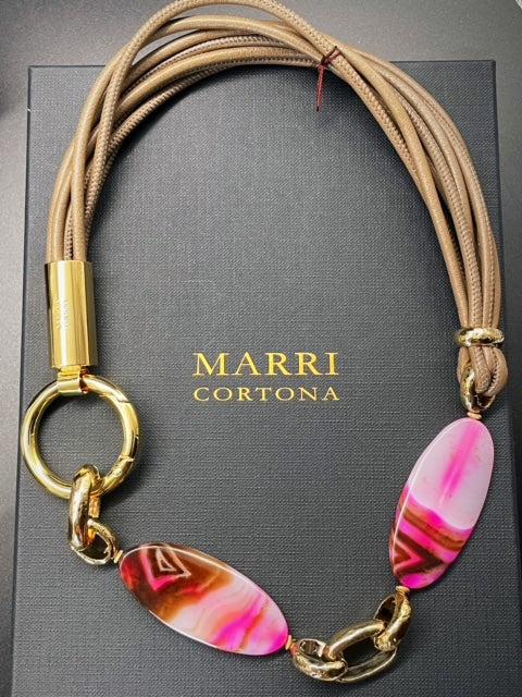 Amarcord necklace with choker in nappa leather with Pink Agata