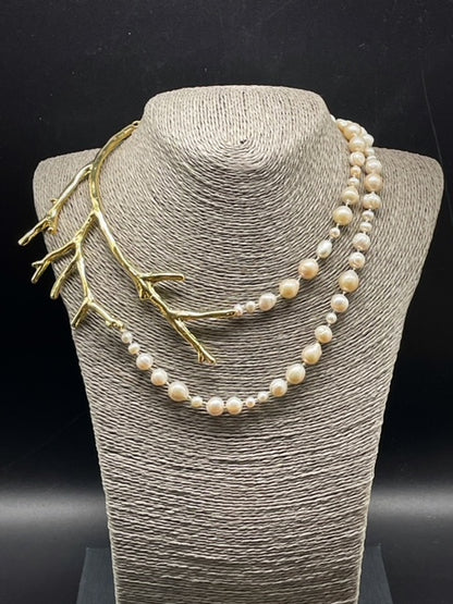 Branch necklace with 2 strands cultured white pearls