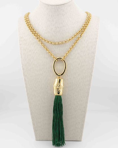 Handcrafted in Tuscany, the Bamboo and Silk Tassel Necklace by Marri Cortona blends nature and elegance in a timeless expression of Italian craftsmanship.