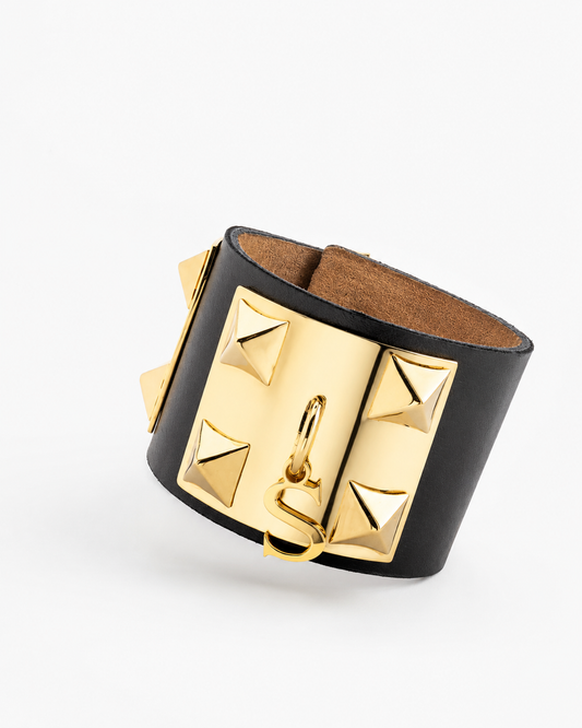 'The Rock' Black Leather Bracelet with Pyramids