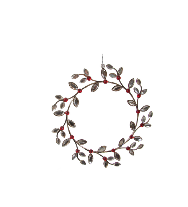 Decorazione corona con strass, rosso ed argento brunito, metallo