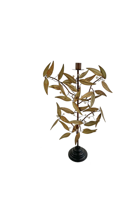 Gold metal candle holder with leaves and glass beads.