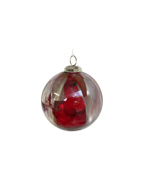 Red glass ball with silver stripes