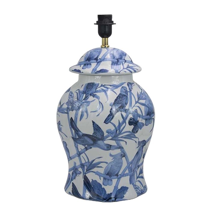 Ceramic lamp base with indigo blue 'Parrots and Bamboo' decoration.