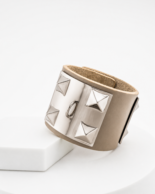 The Rock' Taupe Leather Bracelet with Pyramids