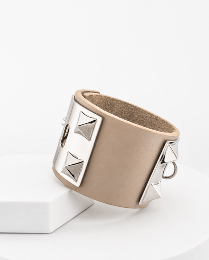 The Rock' Taupe Leather Bracelet with Pyramids