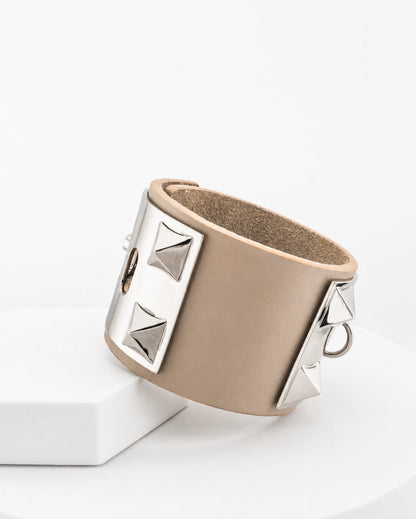 The Rock' Taupe Leather Bracelet with Pyramids