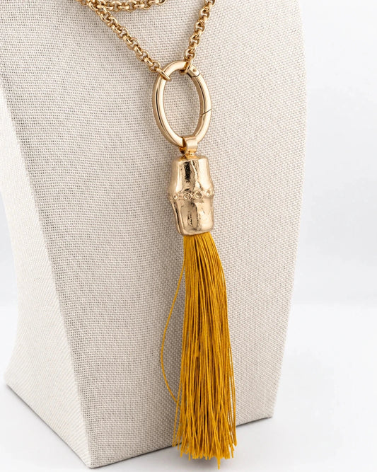 Necklace with bamboo element and silk tassel in various colors