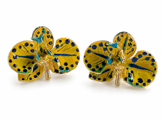 Kako Yellow and Blue China Orchid Earrings 3 cm