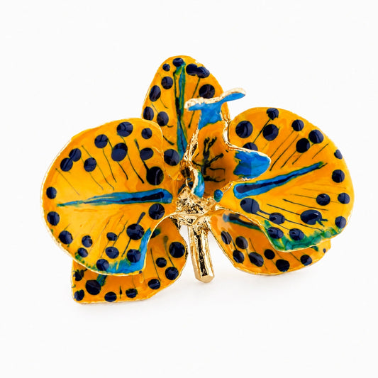 Broche Orquídea Amarillo Caqui y Azul China, tamaño 4 cm
