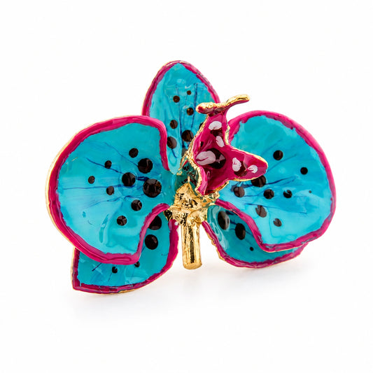Broche Orquídea Turquesa y Geranio, tamaño 4 cm