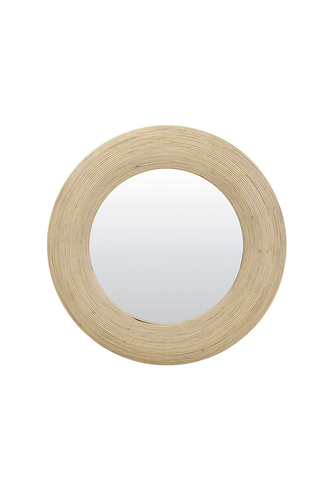 Specchio rotondo, cornice bombata in rattan di bamboo naturale.
